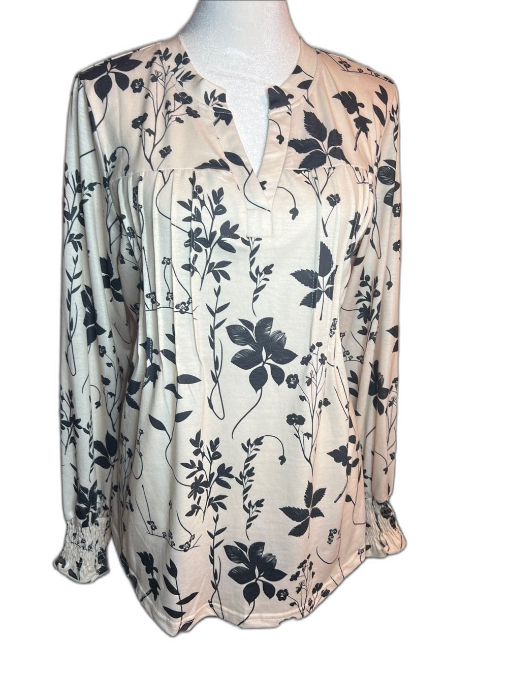 Cream and Black Floral Long-Sleeve Tunic Top Size M